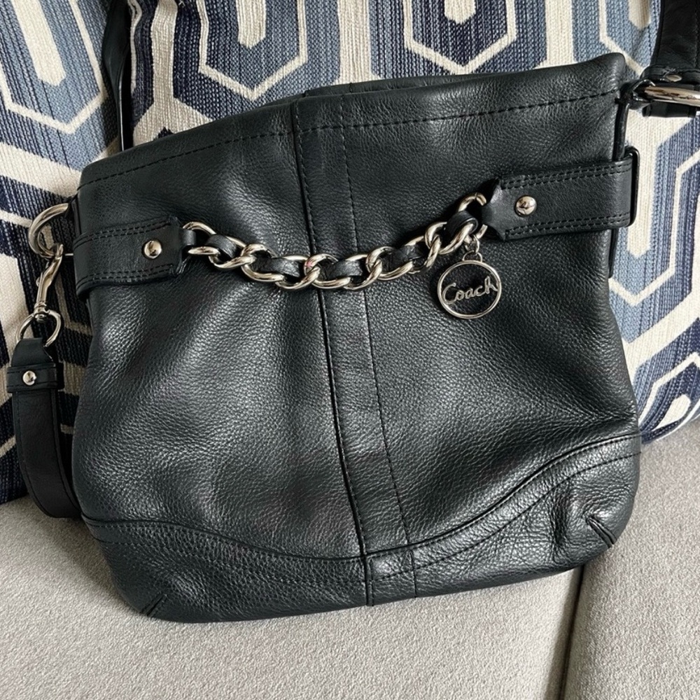 Coach Black Leather Shoulder Bag with Silver Chain